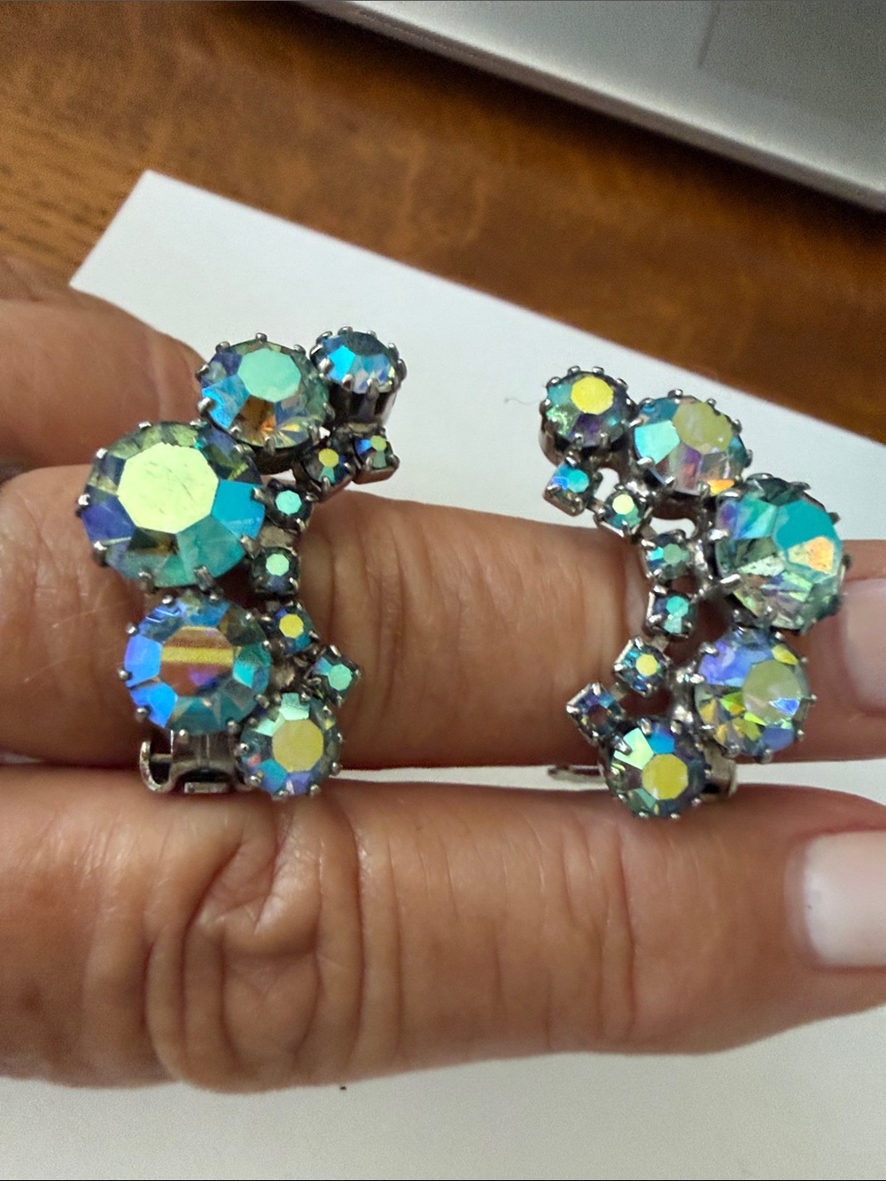 Aurora Crystal Clip-On Earrings - Iridescent Green Blue